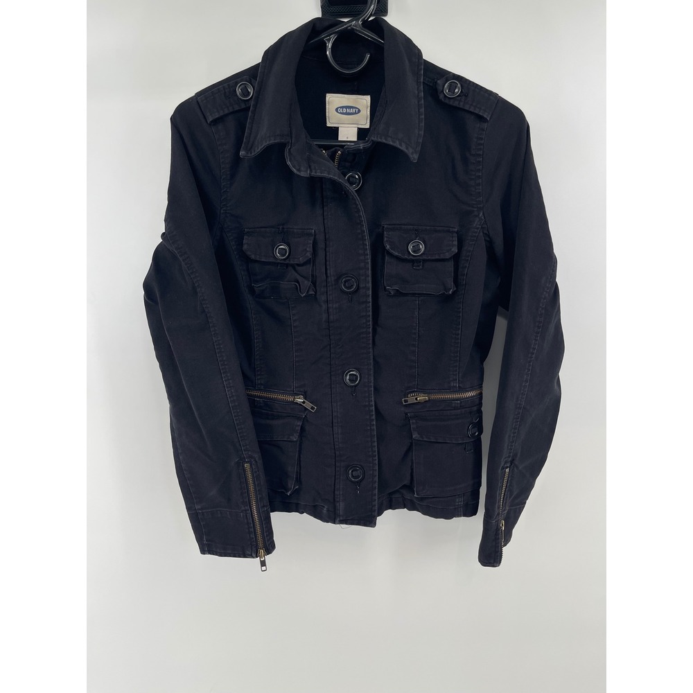 VTG Old Navy Utility Field Jacket Women Sm Moto Black Y2K Military Cargo Zip Up